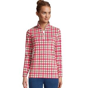 Lands' End Women's Ivory and Pink Plaid Fleece Quarter Zip Pullover